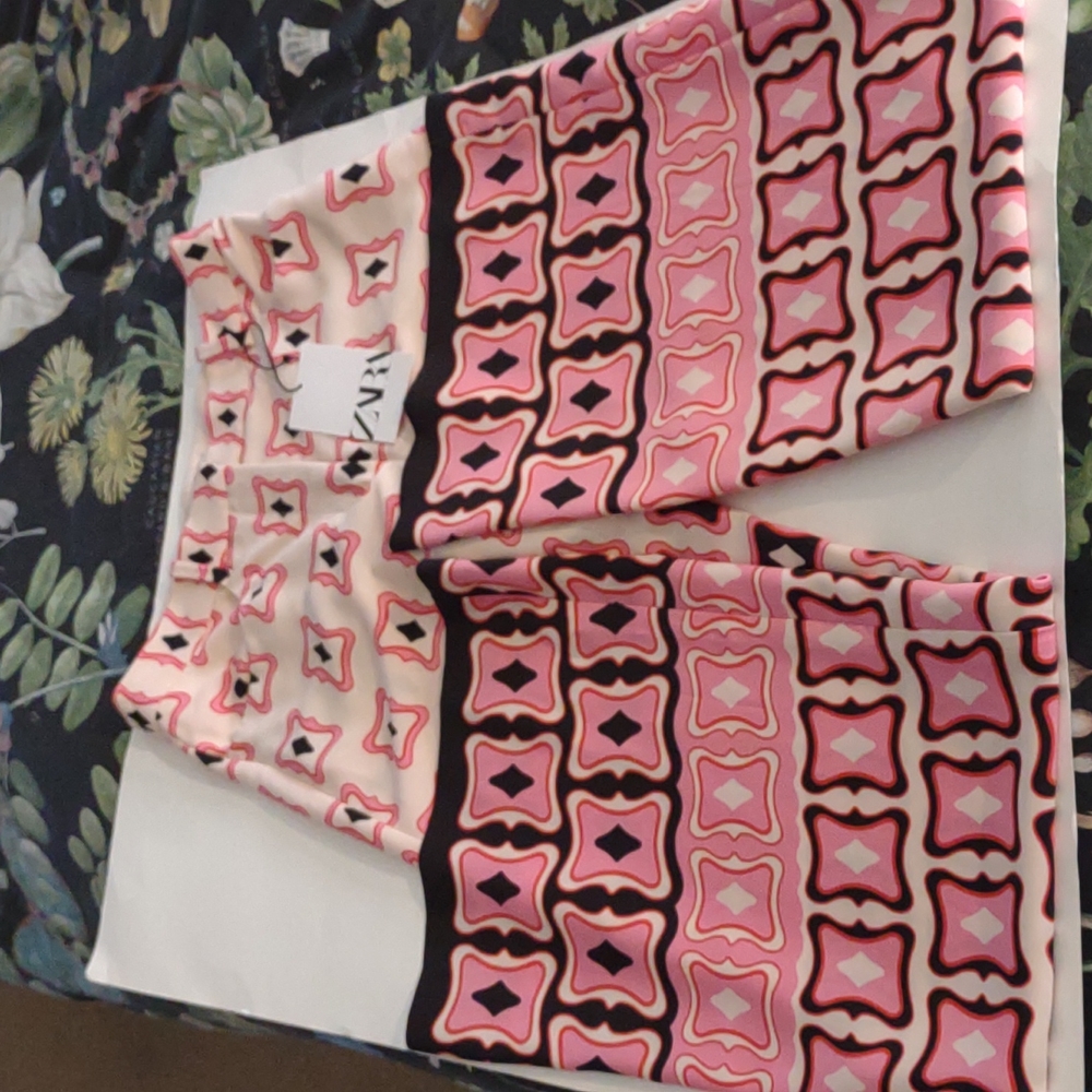 Zara Pink Black and Cream Geometric Wide Leg Pants